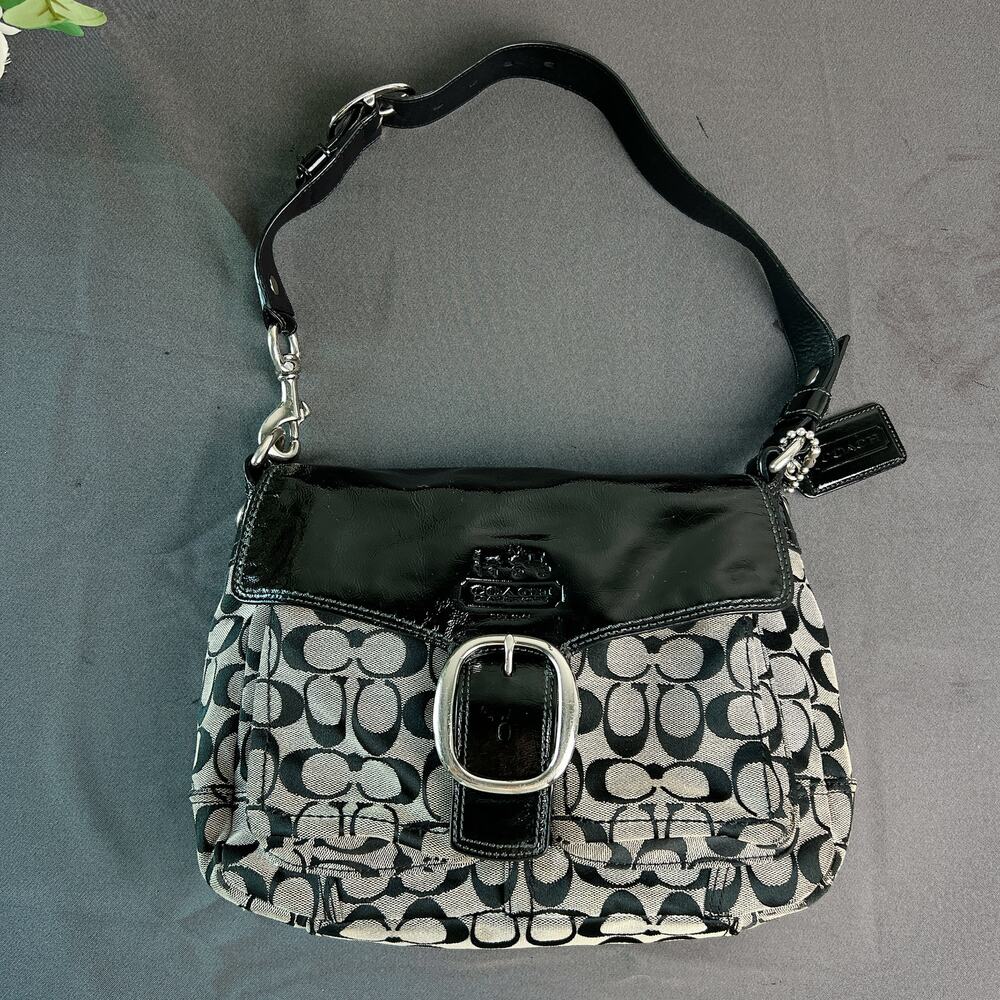 COACH Bleeker 12562 Shoulder Bag Black Patent Leather/Signature Canvas Medium